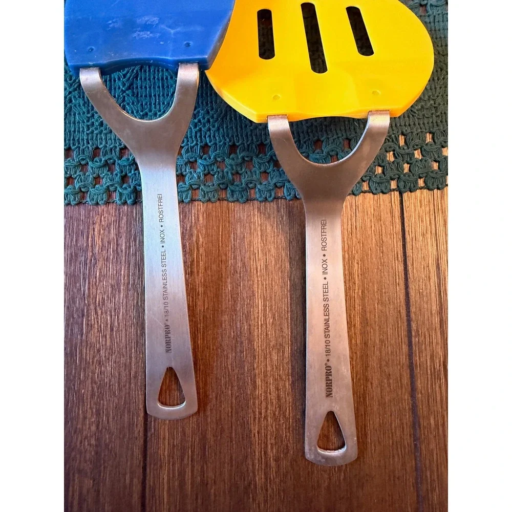 Norpro 18/10 Stainless Steel Spatula Set Blue Solid Yellow Slotted Nylon Turner